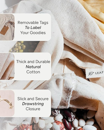 LEAFICO Multipurpose Eco Cloth Bags - Large 10x12 Inch (12 Pack) - Cotton Produce Storage Sacks - Muslin Drawstring Pouches for Vegetables - Bread Bags - Fabric Sachets
