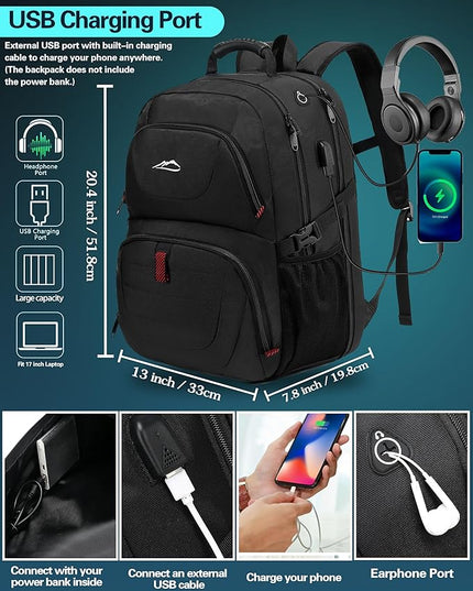 ProEtrade Travel Backpack, Extra Large Laptop Backpack School Business Anti Theft TSA Approved College Work Computer Bag Fits 17 Inch Laptop with USB Charging Port Bookbag for Women Men(Black)