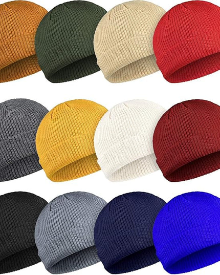 Geyoga 12 Pcs Trawler Beanie Hats for Men Fisherman Roll up Short Cuff Knit Beanie Bulk Winter Watch Cap for Men Women
