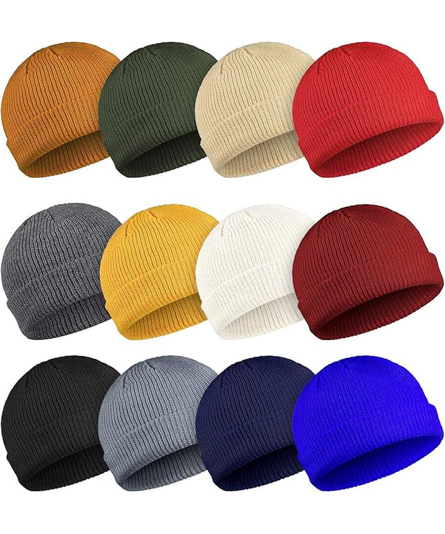 Geyoga 12 Pcs Trawler Beanie Hats for Men Fisherman Roll up Short Cuff Knit Beanie Bulk Winter Watch Cap for Men Women