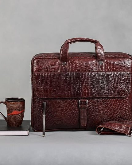 Crocodile Embossed leather bag for men, 5 Zipper Pockets with Spacious Compartments.,12 x 16 x 4 inches.