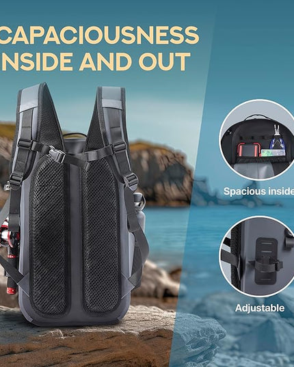 Xelfly Waterproof Fishing Backpack G2 with Rod Holder, Inflatable Air Valve, Padded Waist Straps & Gear Loops - Submersible Zipper, Rugged Top Handle, Adjustable Attachments (Gray)