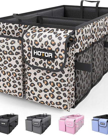 HOTOR Trunk Organizer - Car Organizer, Foldable Trunk organizer for SUVs & Sedans, Sturdy Car Organization for Car Accessories, Tools, Sundries, Brown Leopard, 2 Compartments, 21.3"×12.6"×10.6"
