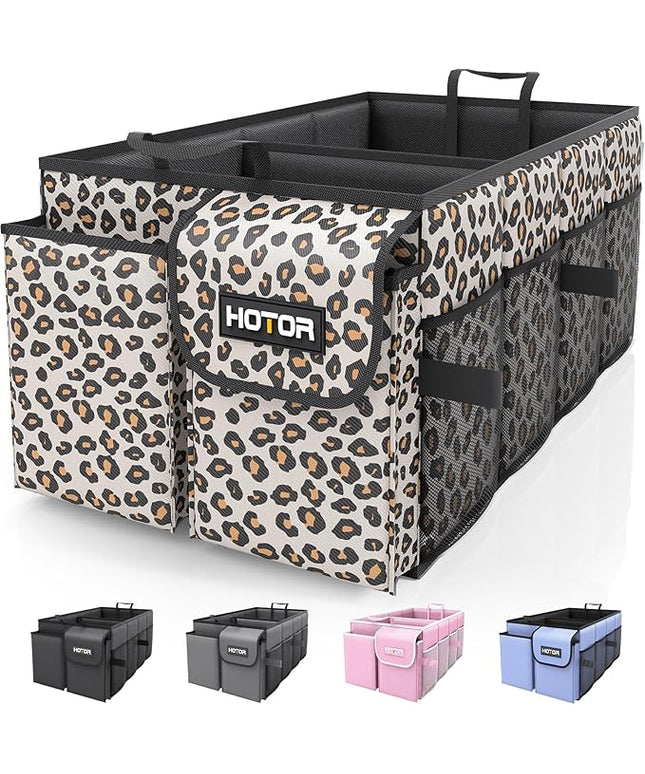 HOTOR Trunk Organizer - Car Organizer, Foldable Trunk organizer for SUVs & Sedans, Sturdy Car Organization for Car Accessories, Tools, Sundries, Brown Leopard, 2 Compartments, 21.3"×12.6"×10.6"