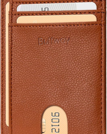 Buffway Slim Minimalist Front Pocket RFID Blocking Leather Wallets for Men and Women - Lichee Light Brown