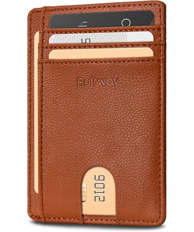 Buffway Slim Minimalist Front Pocket RFID Blocking Leather Wallets for Men and Women - Lichee Light Brown