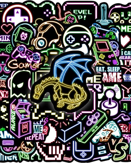 75 Pcs Neon Gamer Gamepad Kids Stickers, Game Controller Joystick Video Gaming Sticker for Water Bottle, Waterproof Decals for Teens Girls Boys Students Adults