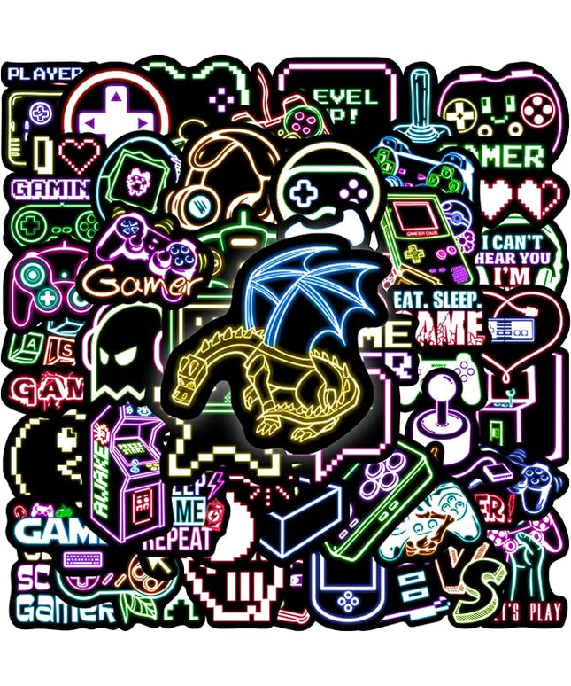 75 Pcs Neon Gamer Gamepad Kids Stickers, Game Controller Joystick Video Gaming Sticker for Water Bottle, Waterproof Decals for Teens Girls Boys Students Adults