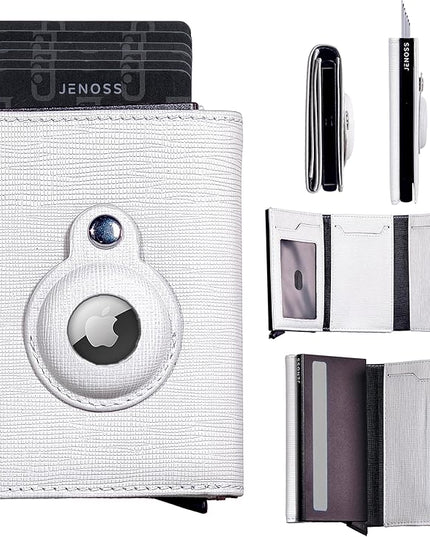 Jenoss Smart AirTag Wallet for Men & Women: Full Grain Leather, Handcrafted, Pop Up Case, Slim, RFID Blocking, Credit Card Holder, Apple Air Tag Tracker Minimalist 9-12 Slot | ID & Cash (Black& Grey)