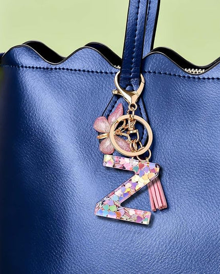 Fashion Alphabet Initial Letter Keychain Tassel Butterfly Pendant Key Ring for Purse Handbags Women Girl
