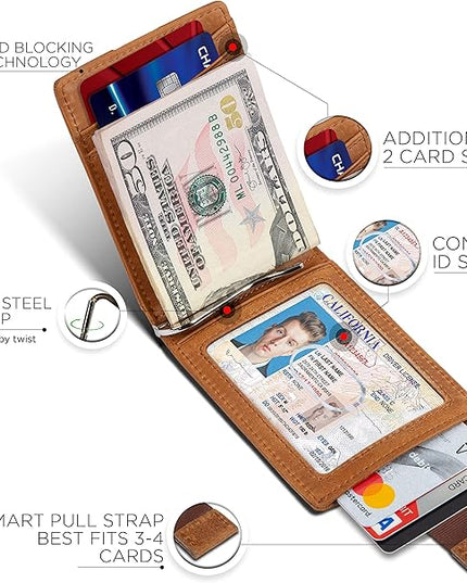 SERMAN BRANDS RFID Blocking Slim Bifold Genuine Leather Minimalist Front Pocket Wallets for Men with Money Clip Thin Mens