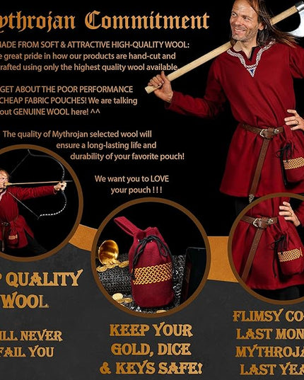 Mythrojan Drawstring Belt Pouch Medieval Woolen Pouch Coin Bag Renaissance Cosplay Costume Accessories for Medieval Events, Reenactments, Renfair - Maroon, 8" x 6.5"