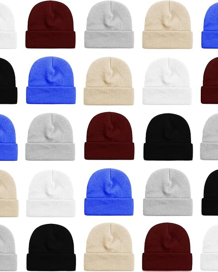 25 Pack Winter Beanie Hats, Unisex Thermal Toboggan Cold Weather Cuffed Caps Bulk Bundle