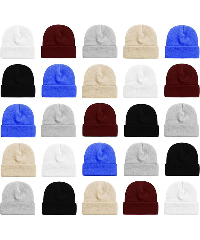25 Pack Winter Beanie Hats, Unisex Thermal Toboggan Cold Weather Cuffed Caps Bulk Bundle