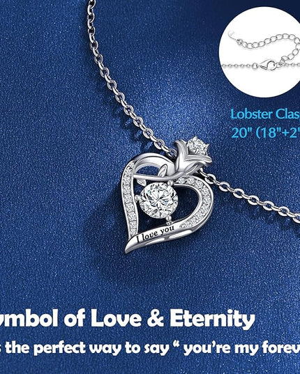 Rose Heart Pendant Necklace Gifts for Wife, Engraved 'I love you' Gift for Wife Girlfriend, Anniversary Birthday Eternity Jewelry Present for Women, Moissanite Necklace Gift for Her