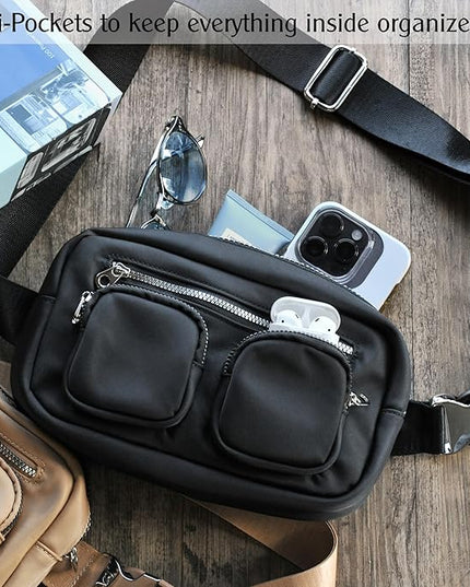 Women's Zipper Pockets Fanny Packs Nylon Waist bag Everywhere Belt bag (Black)