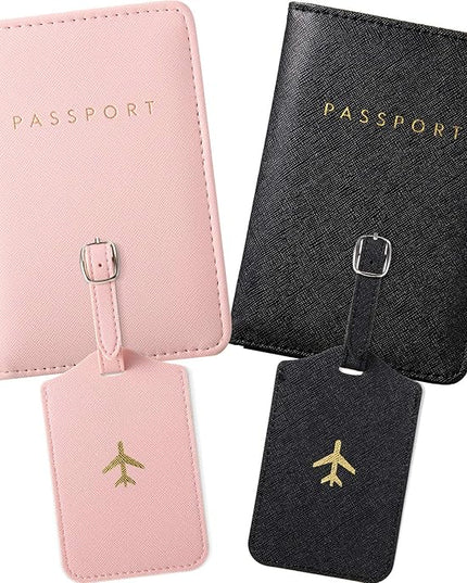 Weewooday 2 Set Mr and Mrs Passport Covers Holder and Luggage Tags Cute Leather Wallets Holder Travel Luggage Tags for Women Men Gift(Pink, Black)