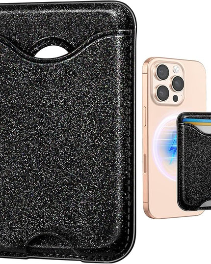 Shorogyt Compatible with Magsafe Wallet Magnetic Card Holder - Glitter Black Phone Wallets for Women Teen Girls Fashion for iPhone 17/16/15/14/13/12 Series Slim for Apple Mag RFID Magnet, Fit 3 Cards
