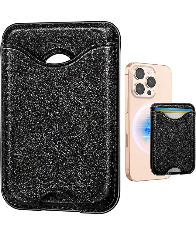 Shorogyt Compatible with Magsafe Wallet Magnetic Card Holder - Glitter Black Phone Wallets for Women Teen Girls Fashion for iPhone 17/16/15/14/13/12 Series Slim for Apple Mag RFID Magnet, Fit 3 Cards