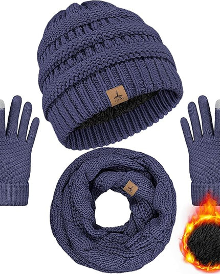 Winter Beanie Hat Scarf Gloves, Warm Fleece Knit Hats Touch Screen Gloves Neck Scarf Set Winter Gifts for Unisex Adult