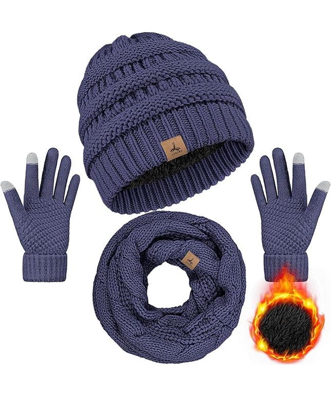 Winter Beanie Hat Scarf Gloves, Warm Fleece Knit Hats Touch Screen Gloves Neck Scarf Set Winter Gifts for Unisex Adult