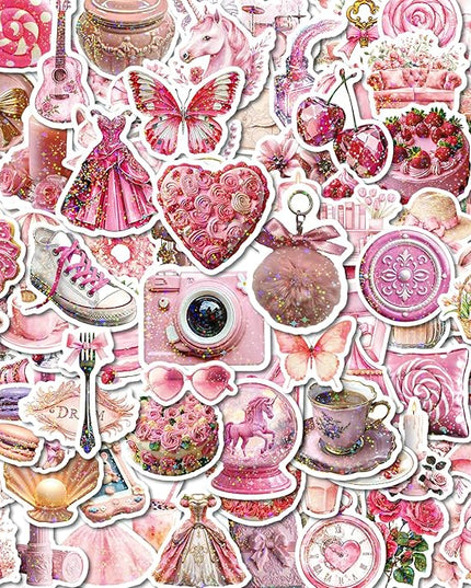 100 PCS Coquette Stickers Pink Aesthetic Stickers Pack, Holographic Thickened Vinyl Cute Stuff Water Bottle Sticker for Girls| Easier to Peel Off| Scratch & Fade Resistant| No Curling| Reusable