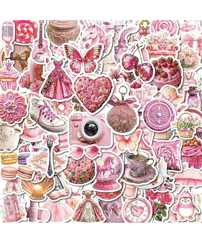 100 PCS Coquette Stickers Pink Aesthetic Stickers Pack, Holographic Thickened Vinyl Cute Stuff Water Bottle Sticker for Girls| Easier to Peel Off| Scratch & Fade Resistant| No Curling| Reusable
