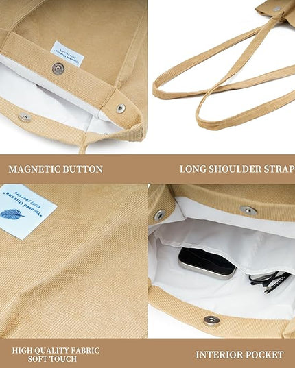 Corduroy Tote Bag Cute Tote Bags for Women Shoulder Bag with Inner Pocket for Work Beach Travel and Shopping Grocery