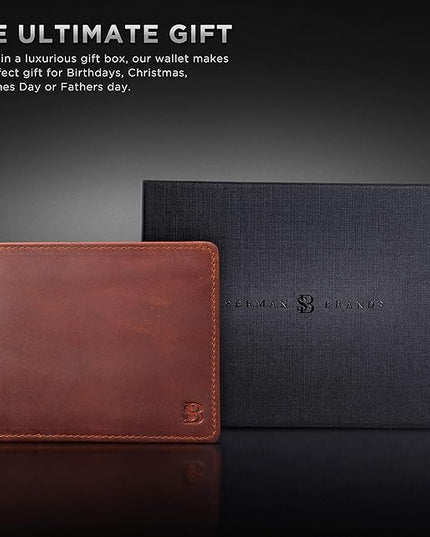 SERMAN BRANDS 2 ID Window Wallet for Men RFID Blocking Leather, Bifold Top Flip, Extra Capacity Travel Wallet