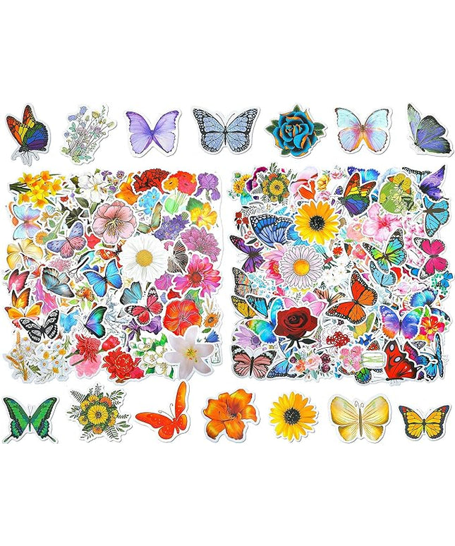 200 Pieces Mixed Butterfly Flower Stickers for Water Bottles Vinyl Waterproof Laptop Stickers Cute Decals Flower Gifts for Travel Luggage Skateboard Guitar Adults, 4 Styles