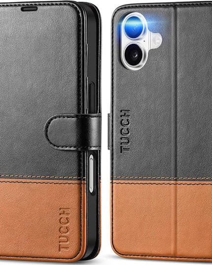 TUCCH Case Wallet for iPhone 16, Magnetic PU Leather Kickstand Flip Cover with 4 Card Slot Shockproof TPU Interior Shell, [RFID Blocking] Folio Case Compatible with iPhone 16 5G, Black & Brown