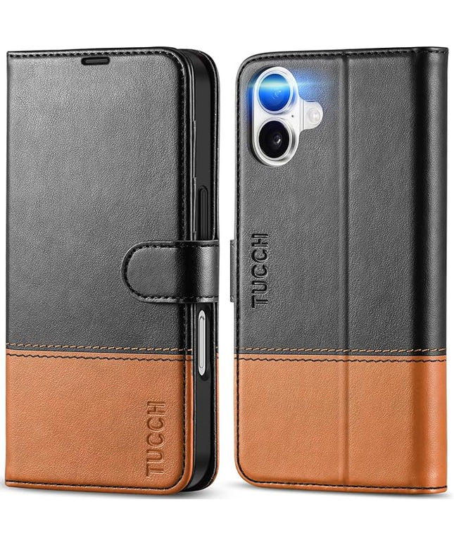 TUCCH Case Wallet for iPhone 16, Magnetic PU Leather Kickstand Flip Cover with 4 Card Slot Shockproof TPU Interior Shell, [RFID Blocking] Folio Case Compatible with iPhone 16 5G, Black & Brown