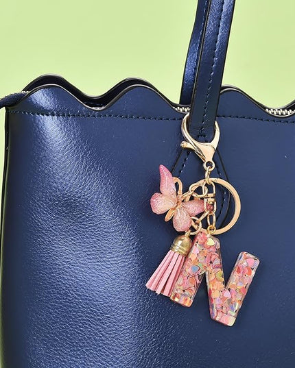 Fashion Alphabet Initial Letter Keychain Tassel Butterfly Pendant Key Ring for Purse Handbags Women Girl
