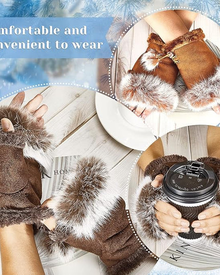 SATINIOR Women Fur Fingerless Gloves Winter Rabbit Fur Lined Half Finger Mittens for Women Girls Teen Working Writing