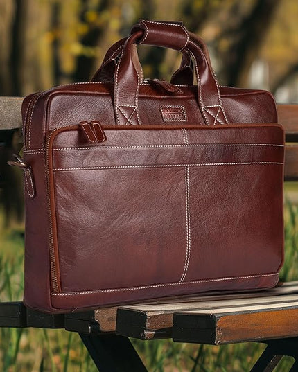 LEATHER VILLAGE 18" Leather Laptop Messenger Briefcase Bag for Men-Leather Satchel for Travel and Office Shoulder Bag-Red Brown