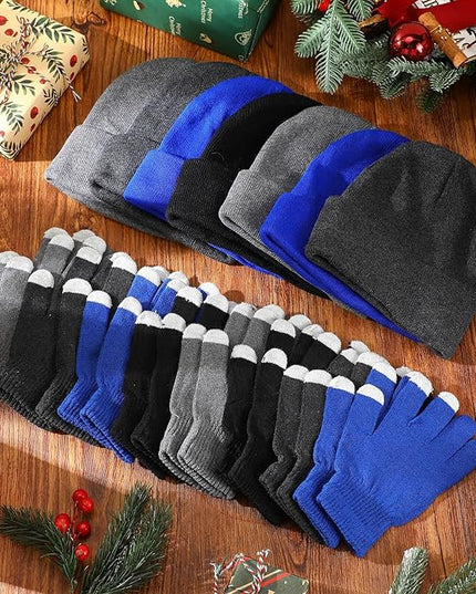 Suhine Bulk Winter Hats and Gloves Set Warm Beanie Gloves Pack Homeless Supplies for Cold Weather Charity