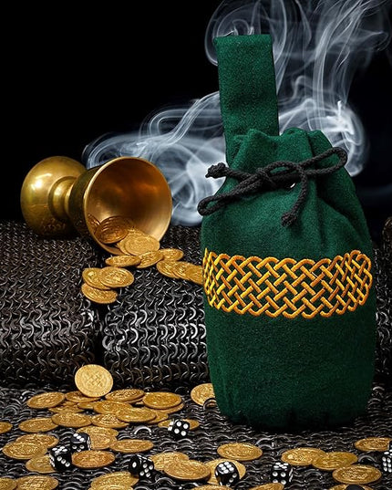 Mythrojan Drawstring Belt Pouch Renaissance Costume Accessories Medieval Woolen Celtic Embroidery Bag Jewelry Pouch Coin Purse for LARP, Festivals, Renfaire, Reenactments - Green, 8" x 6.5"