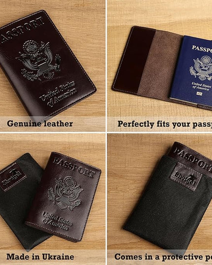 Shvigel US Leather Passport Book Cover - Thin American Travel Passport Holder - Premium International USA Passport Protector Case for Women Men (Glossy Brown)