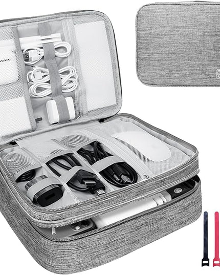 Electronics Travel Organizer,Large Double Layer Portable Waterproof Travel Organizer Bag for Charging Cable Storage,Ipad,Power Bank,Hard Drive etc,for Travel,Business,5pcs Cable Ties-Grey