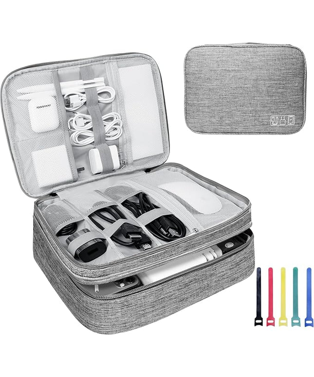 Electronics Travel Organizer,Large Double Layer Portable Waterproof Travel Organizer Bag for Charging Cable Storage,Ipad,Power Bank,Hard Drive etc,for Travel,Business,5pcs Cable Ties-Grey