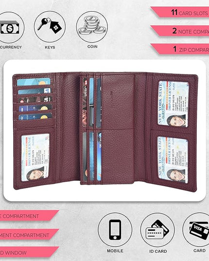 Real Leather Women Wallet Leather with RFID Blocking -Trifold Card Holder Designer Ladies Clutch with ID Window Wallets