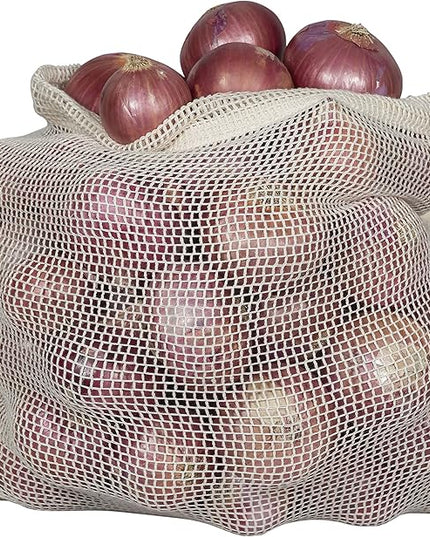 Reusable Onion Storage Bags - Organic Cotton Mesh Onion Bags with Drawstring - Washable Onion Holder Storage - Net Onion Keeper Sacks - Perfect Potato Storage Bags - Root Vegetable Sacks (3 X-Large)