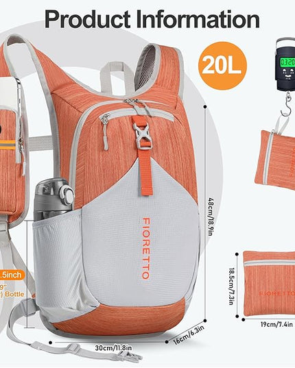 FIORETTO 20L Hiking Backpack for Women Men Mini Packable Backpack Lightweight Small Daypack for Camping Travel Outdoor, Orange