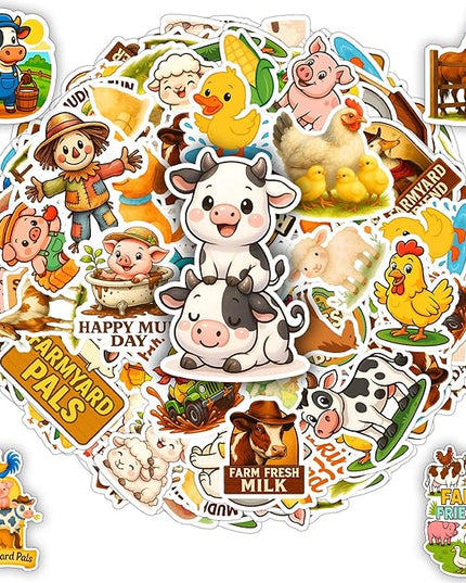 100 PCS Farm Animal Stickers Pack, Vinyl Waterproof Cartoon Decals of Cow Pig Dog Cat Horse Chicken Decals for Laptop Water Bottle Scrapbook Car, Gift for Students, Teens, Adults