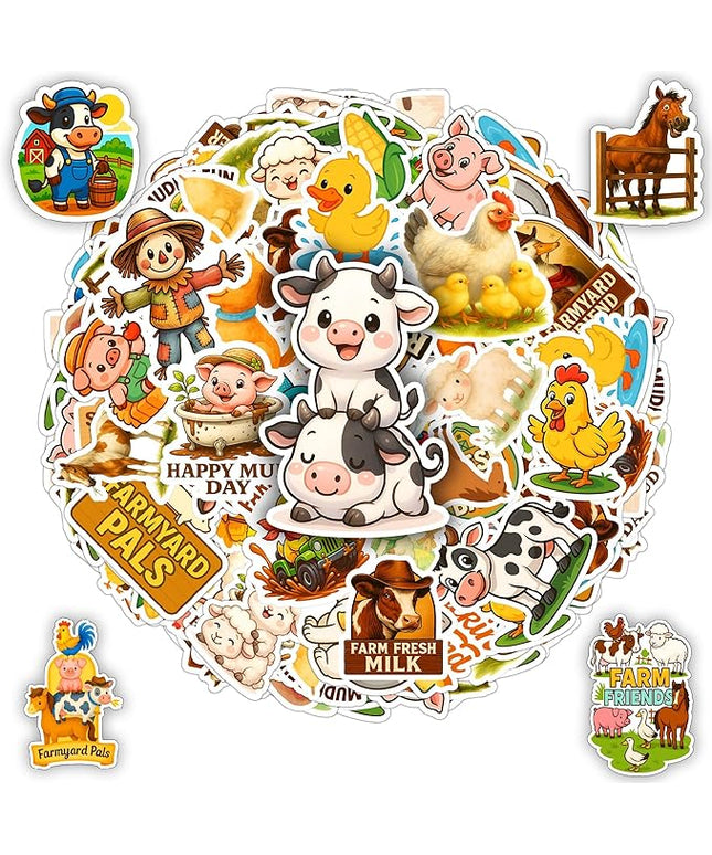 100 PCS Farm Animal Stickers Pack, Vinyl Waterproof Cartoon Decals of Cow Pig Dog Cat Horse Chicken Decals for Laptop Water Bottle Scrapbook Car, Gift for Students, Teens, Adults
