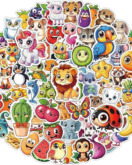 JCFIRE 200PCS Stickers for Kids, Waterproof Cute Mixed Animal Food Vinyl Scrapbook Stickers for Water Bottle, Book, Laptop, Goodie Bags Stuffers Kids Party Favors, Classroom Supplies Must Haves