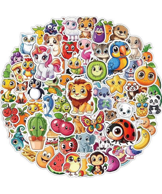 JCFIRE 200PCS Stickers for Kids, Waterproof Cute Mixed Animal Food Vinyl Scrapbook Stickers for Water Bottle, Book, Laptop, Goodie Bags Stuffers Kids Party Favors, Classroom Supplies Must Haves