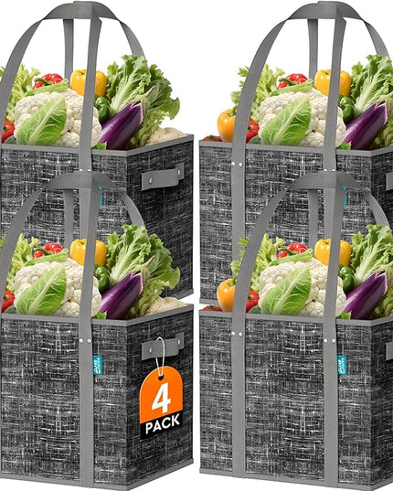 Fab totes Reusable Grocery Bags, Large Foldable Shopping Tote Bags with Reinforced Handles & Hard Bottom,4 Pack,Black