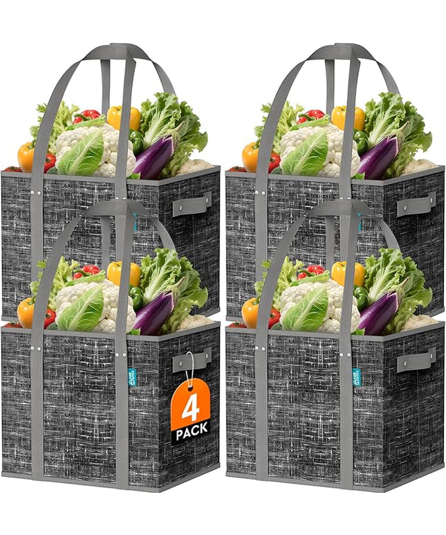 Fab totes Reusable Grocery Bags, Large Foldable Shopping Tote Bags with Reinforced Handles & Hard Bottom,4 Pack,Black