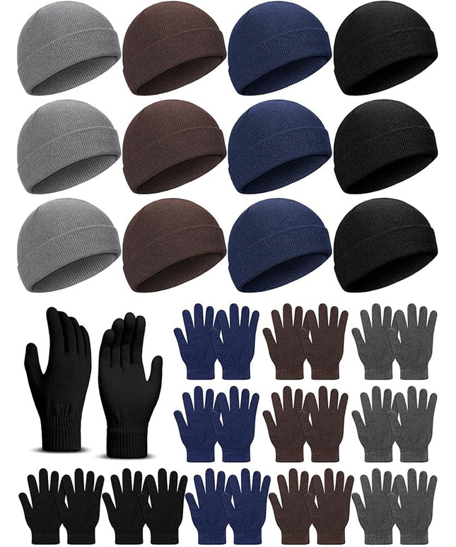 24 Pack Winter Beanies Gloves Cold Weather Unisex Hat Warm Knit Gloves Beanies in Bulk for Men Women, Warm Cozy Gift